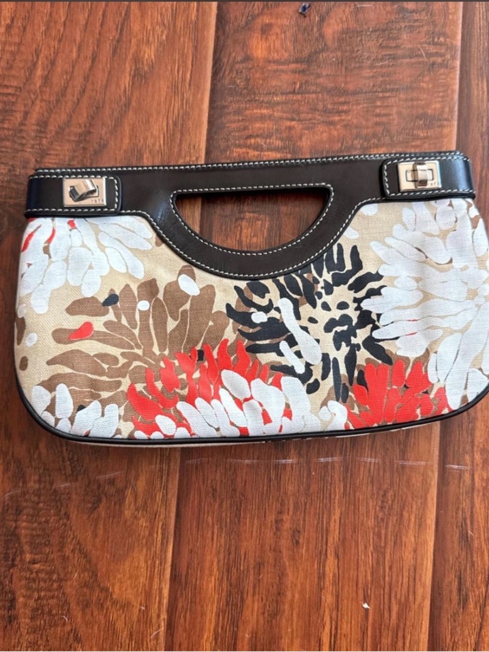 Floral Canvas Cutout Handle Clutch Bag in Red, Tan & Black